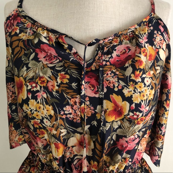 EUC Everly Cold shoulder Silk Fall Floral Foliage Romper - Picture 2 of 10